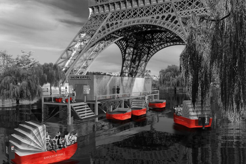 Art photographie imaginant le tourisme sous la Tour Eiffel après une montée des eaux de la Seine recouvrant tout le champ de Mars.